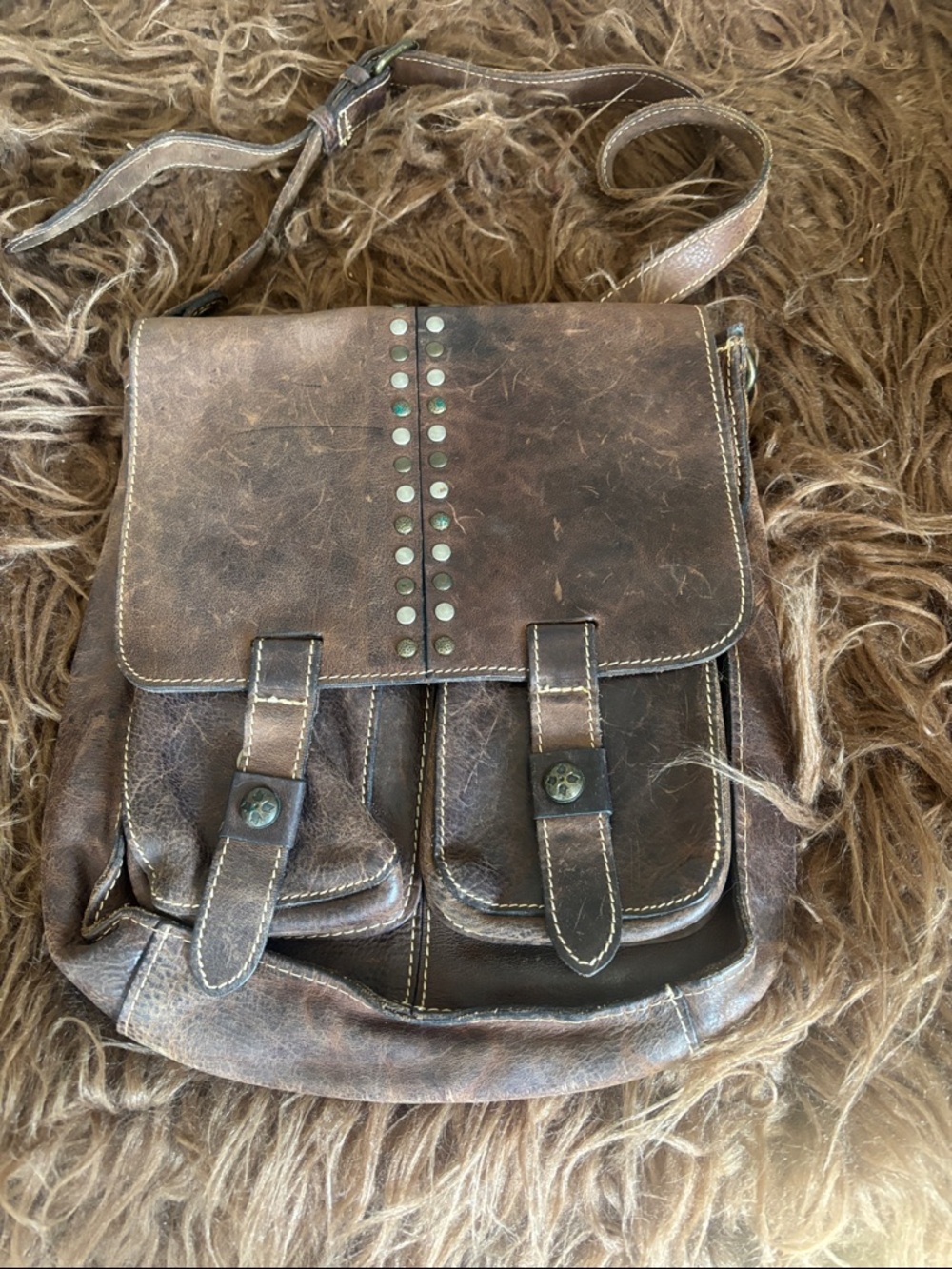Patricia Nash Brown Leather Crossbody Bag with Stud Accents